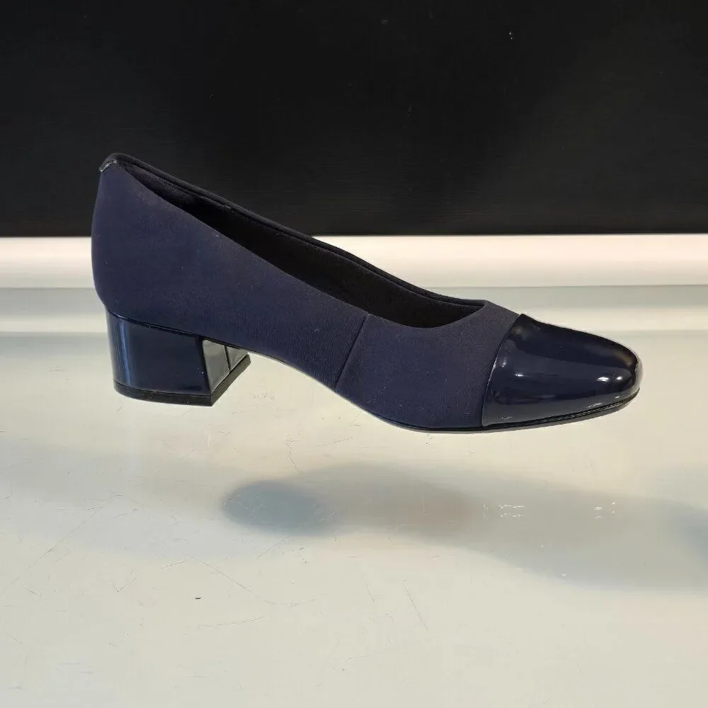 Clarks Marilyn Sara Blue Shoes Womens Sz 7.5 Fabric w Patent Leather Block Heels